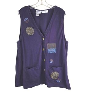 Y2K Terree G. Star Art To Wear Purple Button Up Vest Cotton Knit Pockets